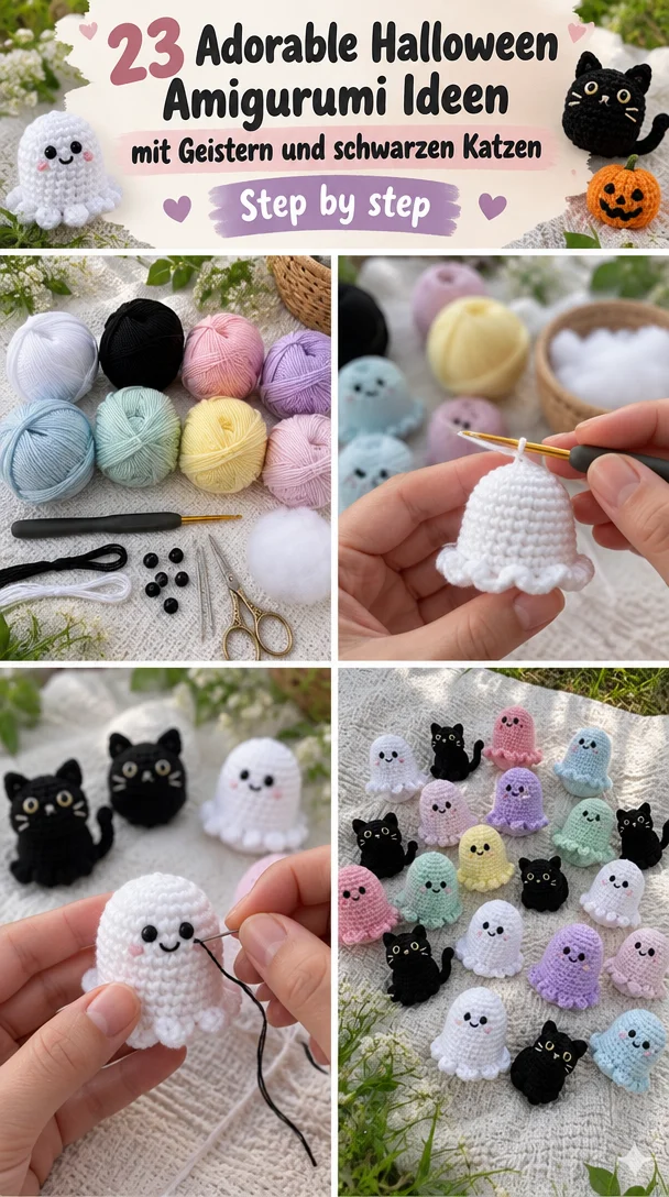 23 Adorable Halloween Amigurumi Ideen mit Geistern und schwarzen Katzen