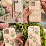 Abgestimmtes Telefonhüllen-Häkelmuster-Set mit dekorativen Charm-Anhängern