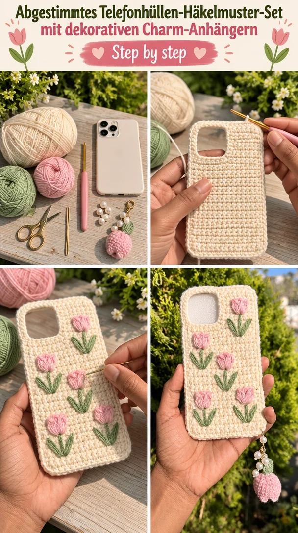 Abgestimmtes Telefonhüllen-Häkelmuster-Set mit dekorativen Charm-Anhängern