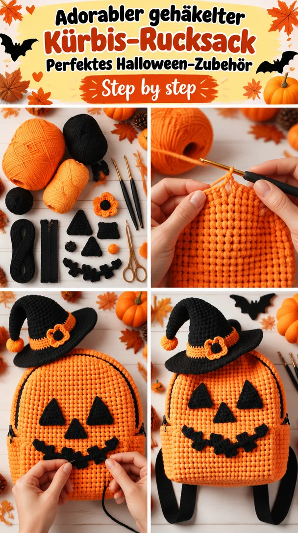 Adorabler gehäkelter Kürbis-Rucksack Perfektes Halloween-Zubehör
