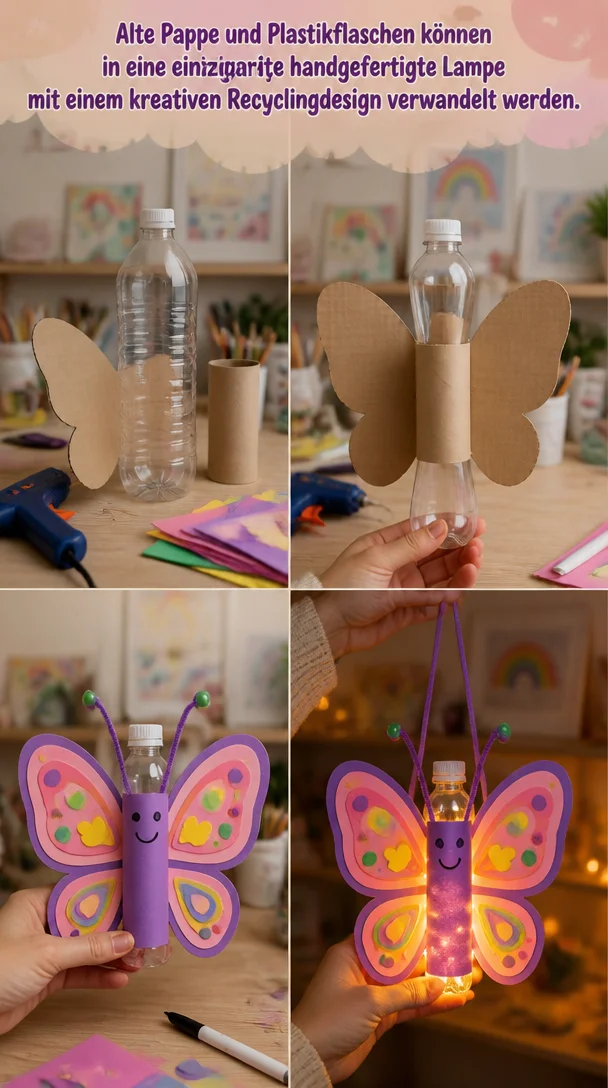 Alte Pappe und Plastikflaschen können in eine einzigartige handgefertigte Lampe mit einem kreativen Recyclingdesign verwandelt werden.