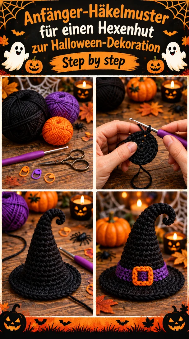 Anfänger-Häkelmuster für einen Hexenhut zur Halloween-Dekoration