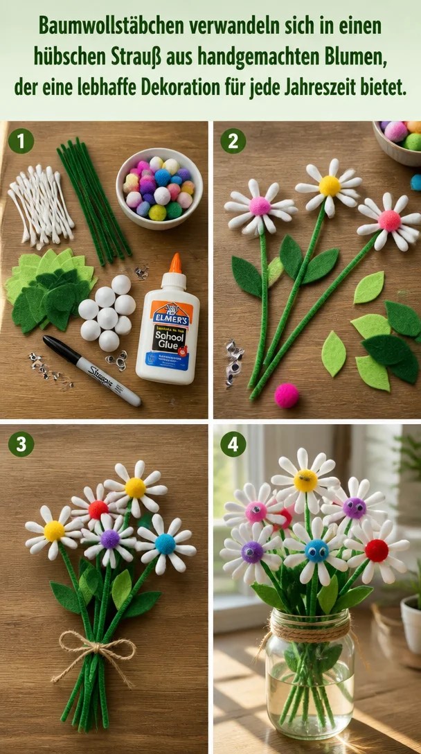 Strauß aus handgemachten Blumen aus Baumwollstäbchen für lebendige Dekoration
