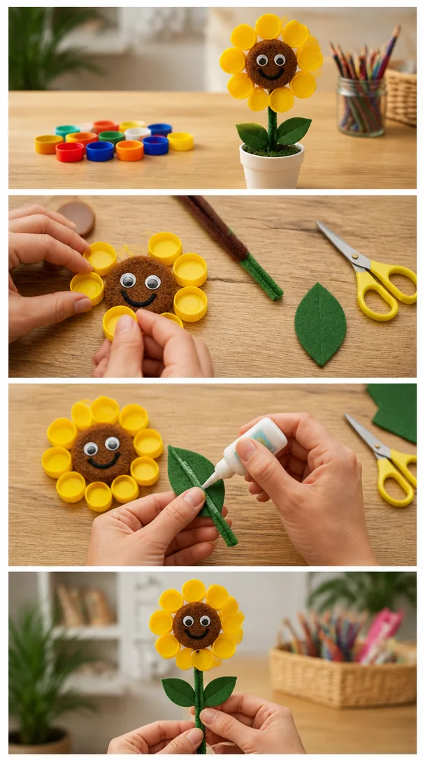 Bunte Flaschenverschlüsse in eine strahlende Sonnenblumen-Dekoration verwandeln, die jedem Raum eine fröhliche, handgemachte Note verleiht.