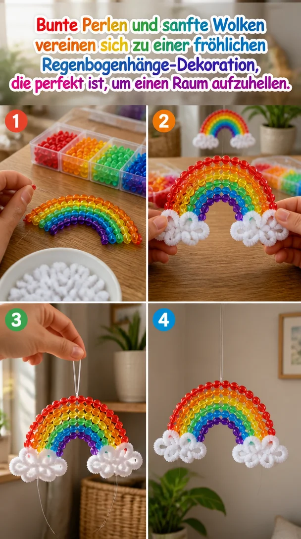 Bunte Perlen und sanfte Wolken vereinen sich zu einer fröhlichen Regenbogenhänge-Dekoration, die perfekt ist, um einen Raum aufzuhellen.