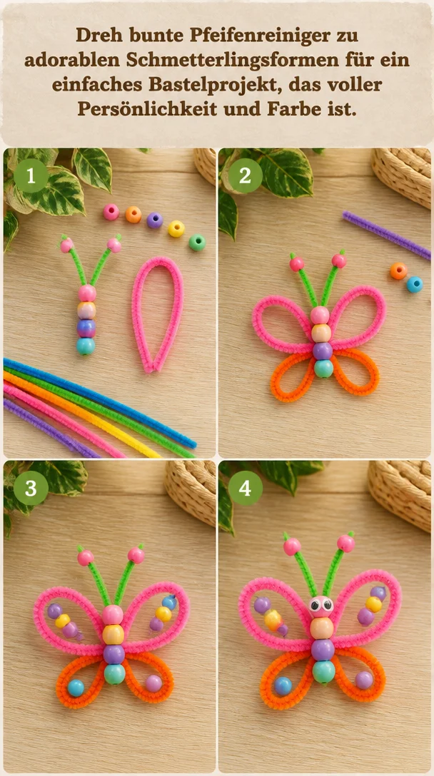 Dreh bunte Pfeifenreiniger zu adorablen Schmetterlingsformen für ein einfaches Bastelprojekt, das voller Persönlichkeit und Farbe ist.