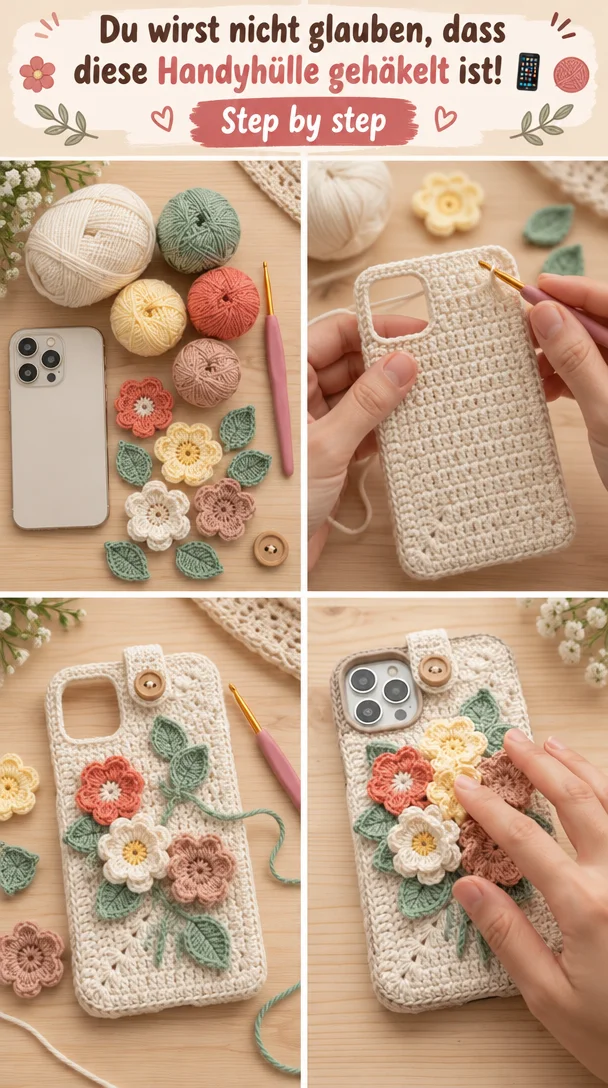 Hübsche gehäkelte Handyhülle in bunten Farben für Smartphones.