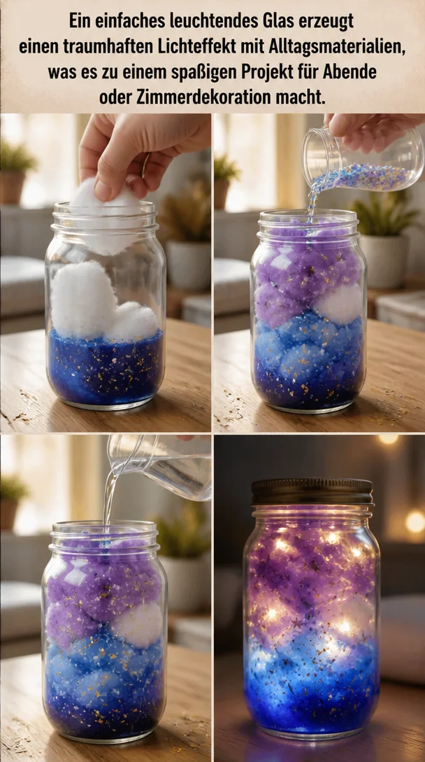 Ein einfaches leuchtendes Glas erzeugt einen traumhaften Lichteffekt mit Alltagsmaterialien, was es zu einem spaßigen Projekt für Abende oder Zimmerdekoration macht.