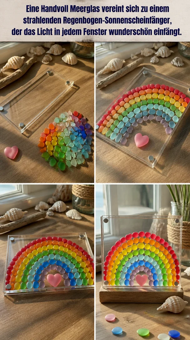 Eine Handvoll Meerglas vereint sich zu einem strahlenden Regenbogen-Sonnenscheinfänger, der das Licht in jedem Fenster wunderschön einfängt.