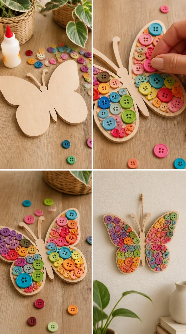 Eine Mischung aus Knöpfen wird mit spielerischen Farben und Texturen zu charmierender Wandkunst, die Ihrem Raum Persönlichkeit verleiht. Perfekt für Ihren nächsten Basteltag.