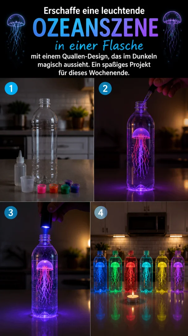 Erschaffe eine leuchtende Ozeanszene in einer Flasche mit einem Quallen-Design, das im Dunkeln magisch aussieht. Ein spaßiges Projekt für dieses Wochenende.