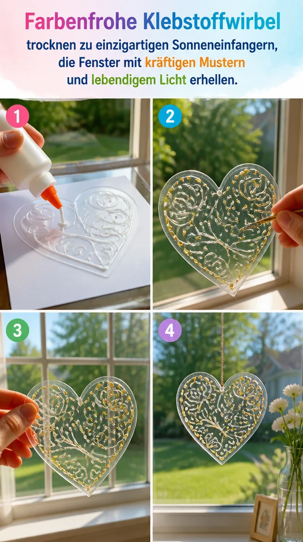 Bunte Sonneneinfanger aus Klebstoffwirbeln für lebendige Fensterdekoration.