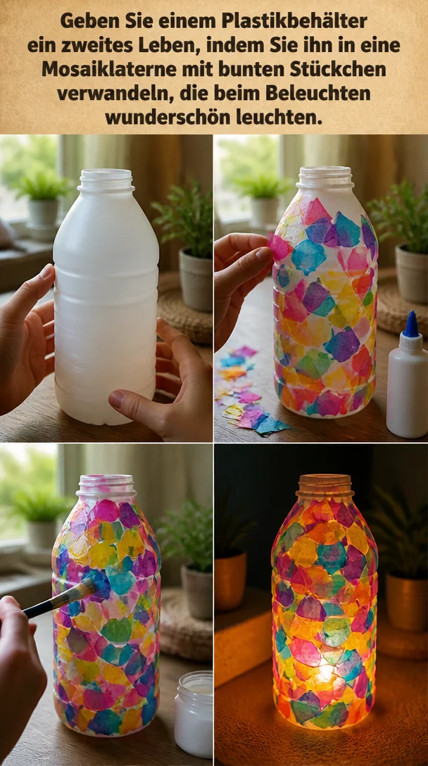 Geben Sie einem Plastikbehälter ein zweites Leben, indem Sie ihn in eine Mosaiklaterne mit bunten Stückchen verwandeln, die beim Beleuchten wunderschön leuchten.