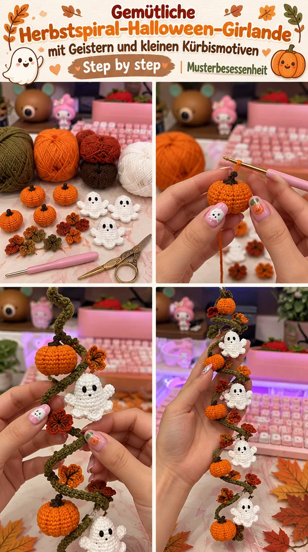 Gemütliche Herbstspiral-Halloween-Girlande mit Geistern und kleinen Kürbismotiven | Musterbesessenheit