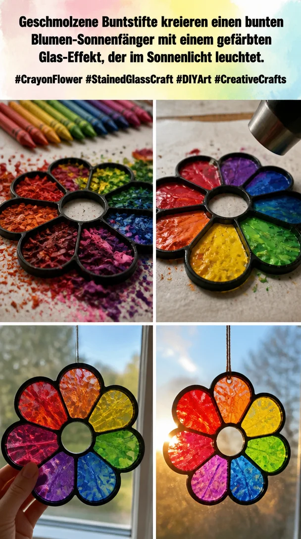 Geschmolzene Buntstifte kreieren einen bunten Blumen-Sonnenfänger mit einem gefärbten Glas-Effekt, der im Sonnenlicht leuchtet. #CrayonFlower #StainedGlassCraft #DIYArt #CreativeCrafts