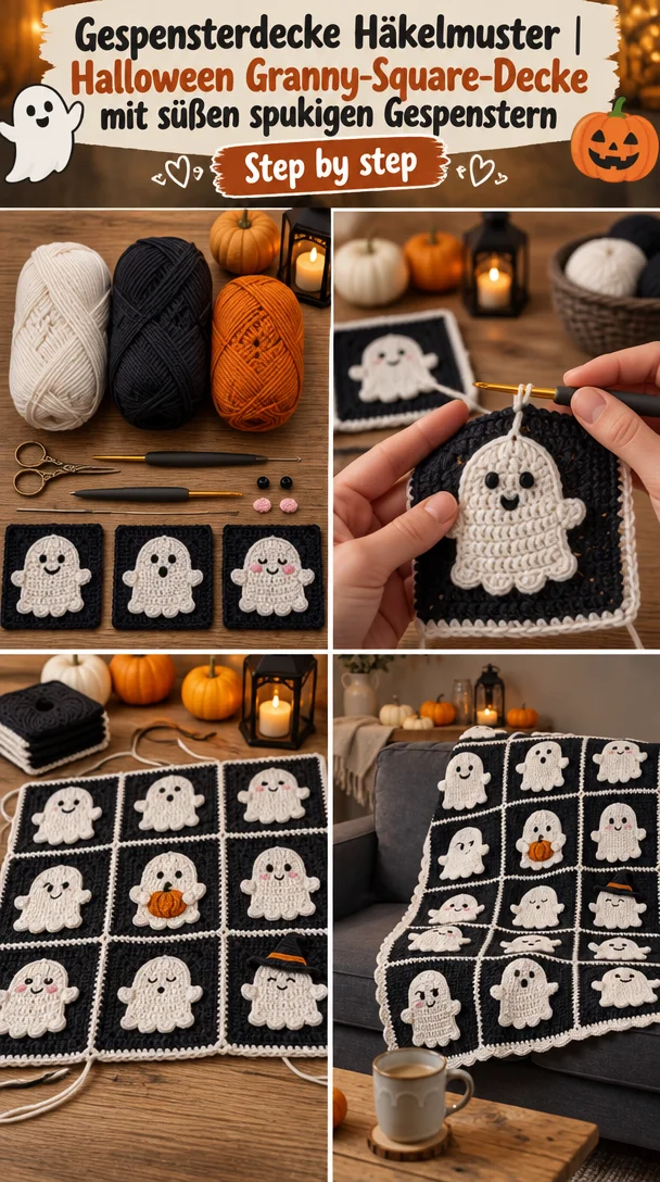 Gespensterdecke Häkelmuster | Halloween Granny-Square-Decke mit süßen spukigen Gespenstern