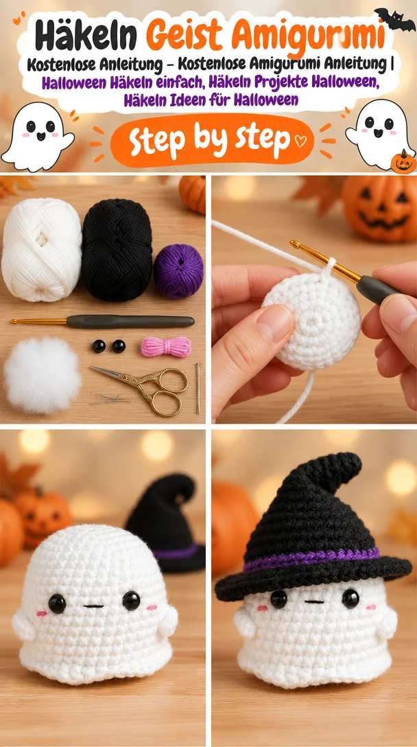 Häkeln Geist Amigurumi Kostenlose Anleitung – Kostenlose Amigurumi Anleitung | Halloween Häkeln einfach, Häkeln Projekte Halloween, Häkeln Ideen für Halloween
