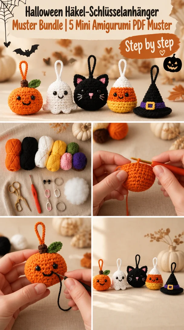 Halloween Häkel-Schlüsselanhänger Muster Bundle | 5 Mini Amigurumi PDF Muster