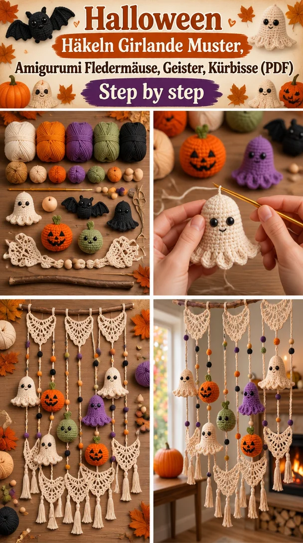 Halloween Häkeln Girlande Muster, Amigurumi Fledermäuse, Geister, Kürbisse (PDF)