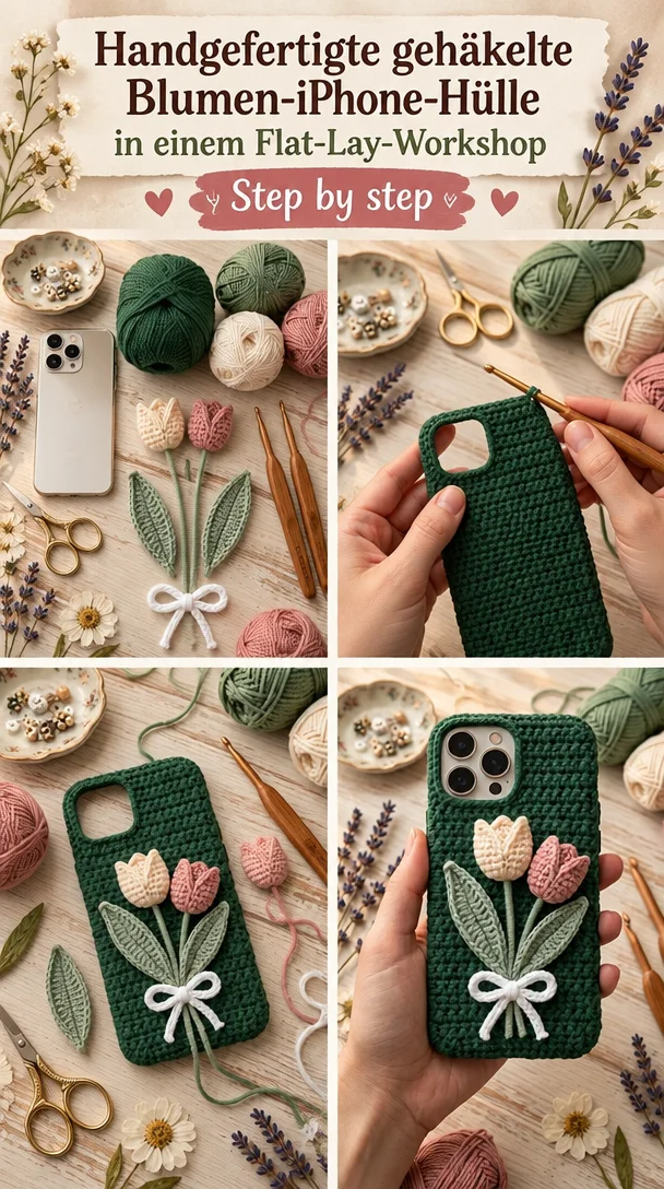 Handgefertigte gehäkelte Blumen-iPhone-Hülle in einem Flat-Lay-Workshop