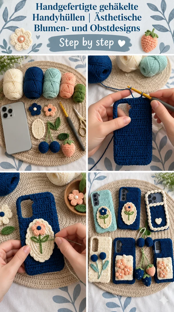 Handgefertigte gehäkelte Handyhüllen | Ästhetische Blumen- und Obstdesigns