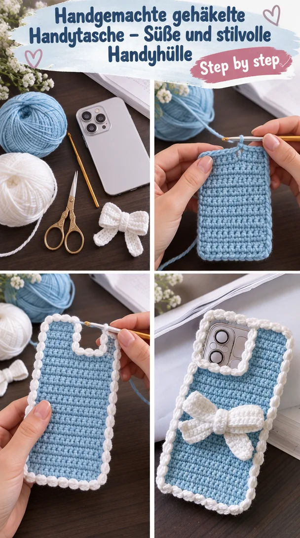 Handgemachte gehäkelte Handytasche in süßem Design für Smartphones