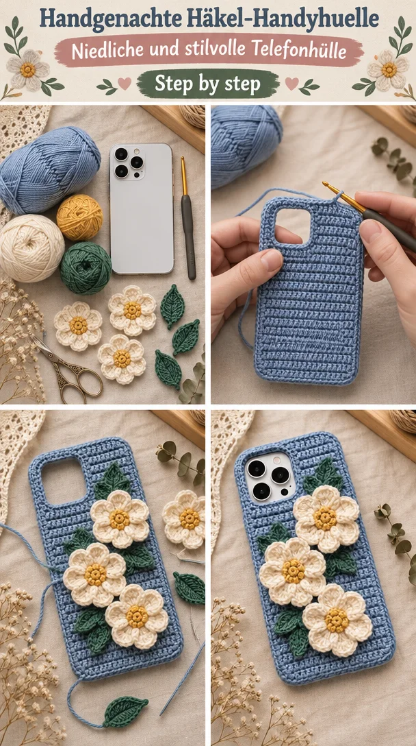 Handgemachte Häkel-Handyhuelle in verschiedenen Farben und Designs für Smartphones.