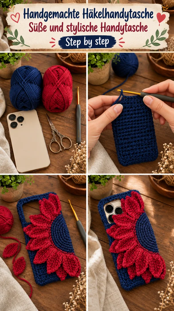 Handgemachte Häkelhandytasche in trendy Design und leuchtenden Farben
