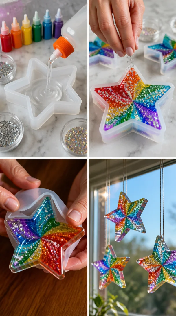 Schöne durchsichtige Stern-Dekorationen mit Regenbogenfarben und Glitzer im Fenster.