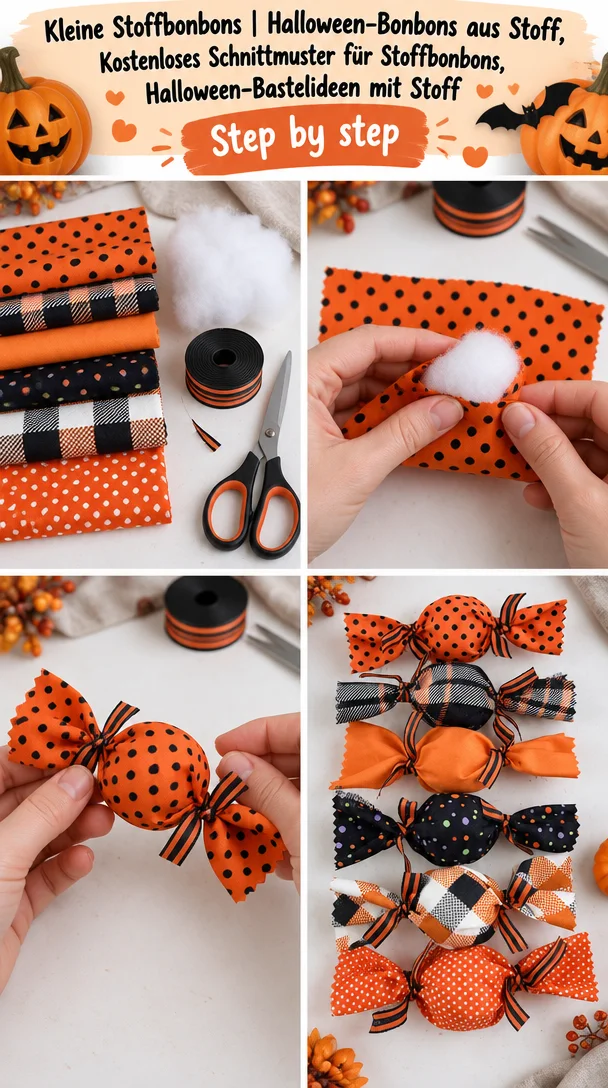 Kleine Stoffbonbons | Halloween-Bonbons aus Stoff, Kostenloses Schnittmuster für Stoffbonbons, Halloween-Bastelideen mit Stoff