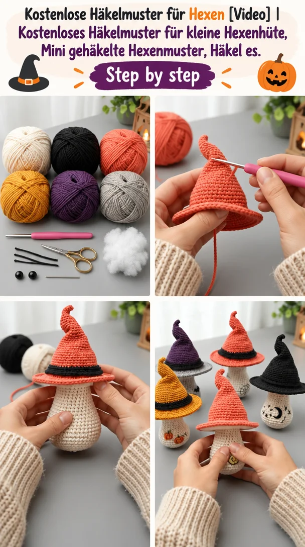 Kostenlose Häkelmuster für Hexen [Video] | Kostenloses Häkelmuster für kleine Hexenhüte, Mini gehäkelte Hexenmuster, Häkel es.