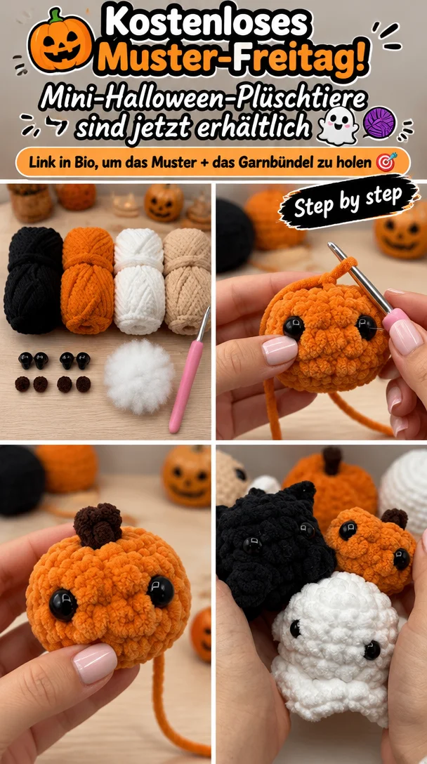 🎃 Kostenloses Muster-Freitag! Mini-Halloween-Plüschtiere sind jetzt erhältlich 👻🧶 Link in Bio, um das Muster + das Garnbündel zu holen 🎯