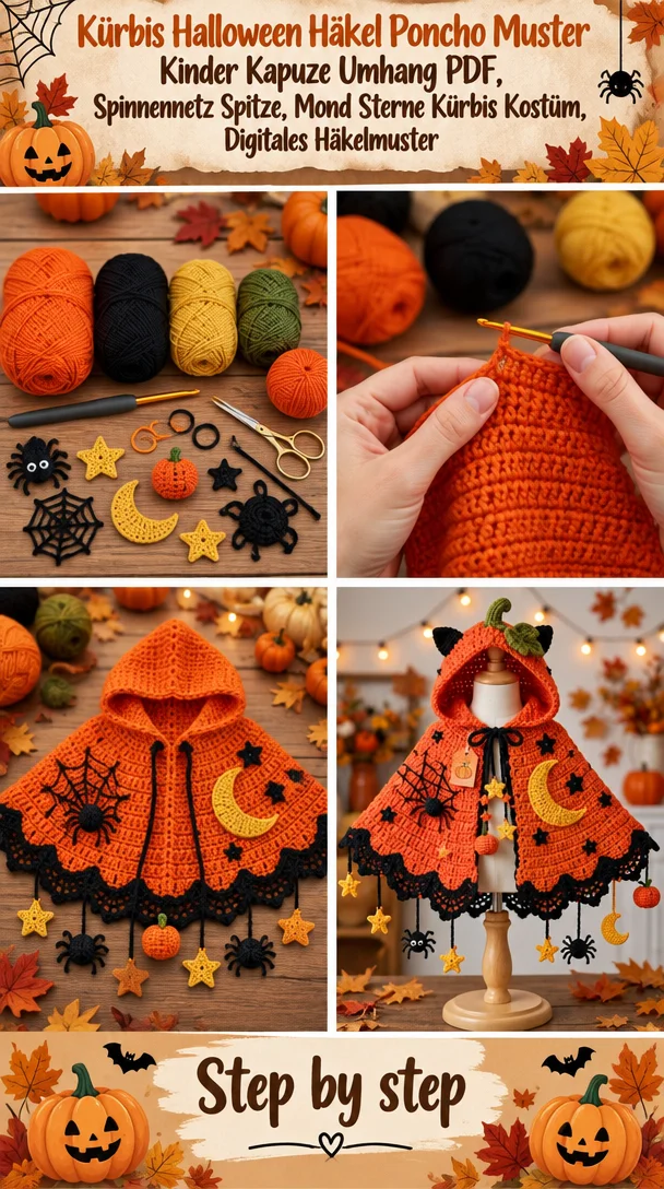 Kürbis Halloween Häkel Poncho Muster, Kinder Kapuze Umhang PDF, Spinnennetz Spitze, Mond Sterne Kürbis Kostüm, Digitales Häkelmuster