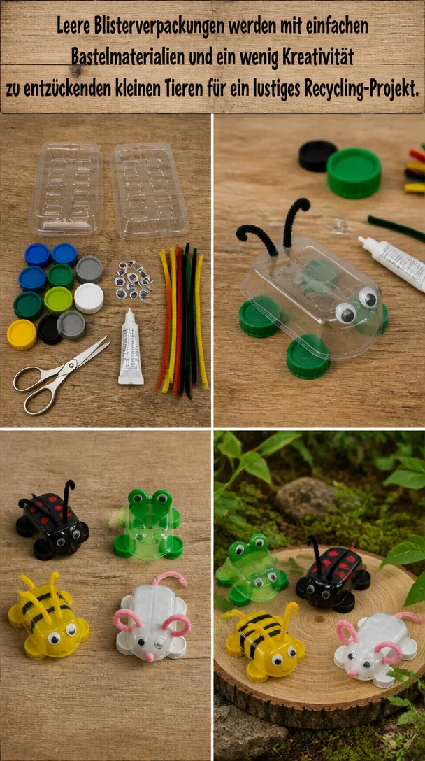 Leere Blisterverpackungen werden mit einfachen Bastelmaterialien und ein wenig Kreativität zu entzückenden kleinen Tieren für ein lustiges Recycling-Projekt.