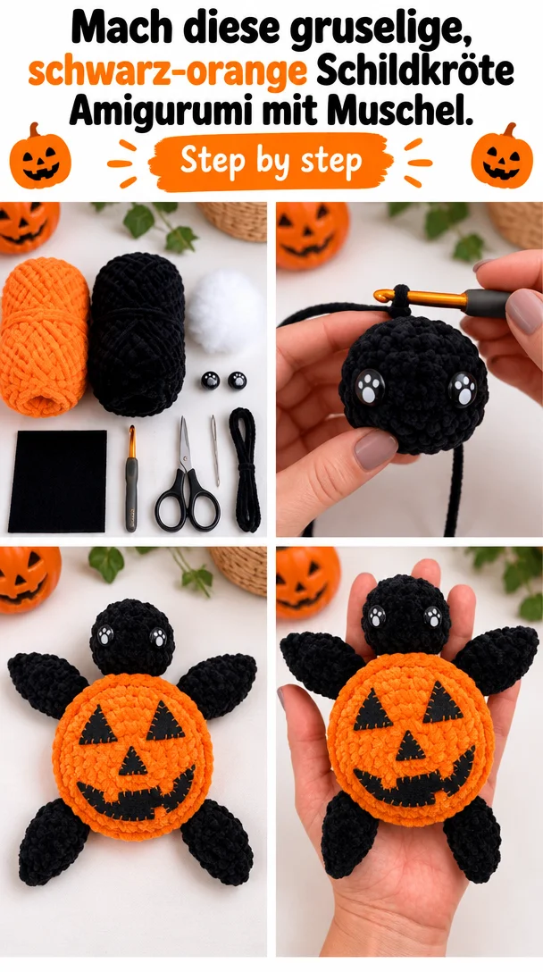 Mach diese gruselige, schwarz-orange Schildkröte Amigurumi mit Muschel.