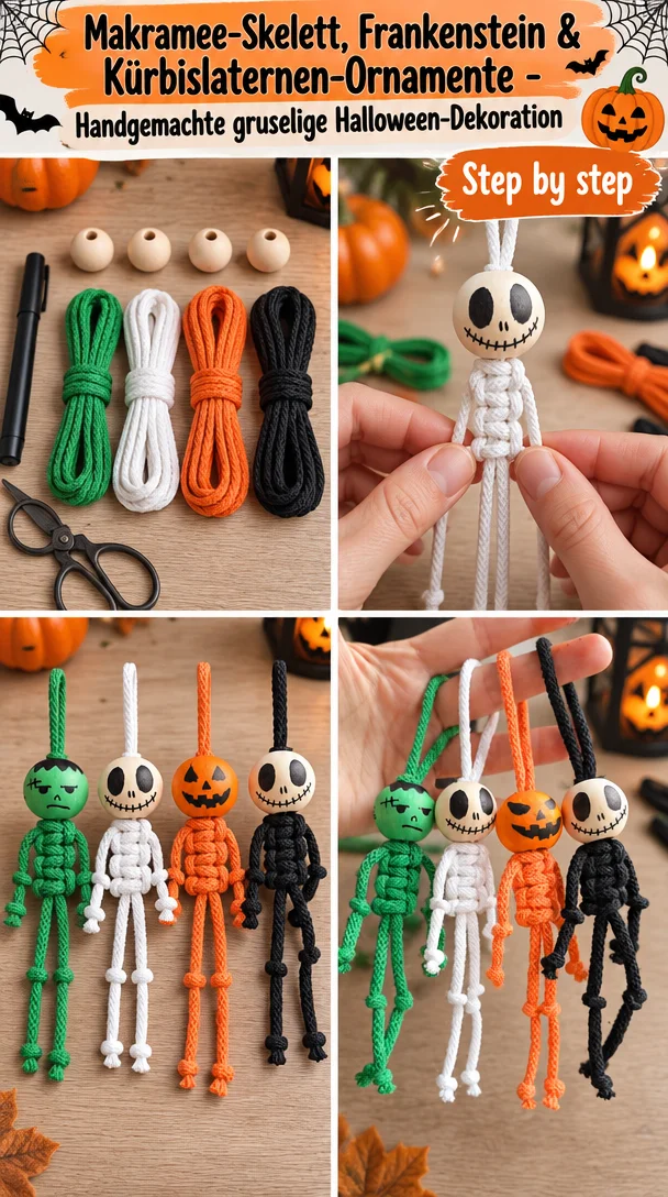 Makramee-Skelett, Frankenstein & Kürbislaternen-Ornamente – Handgemachte gruselige Halloween-Dekoration