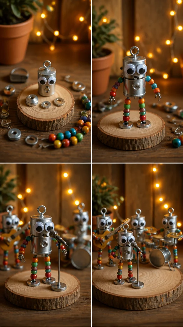 Mini-Handmade-Roboter als verspielte Band mit kreativen Details.