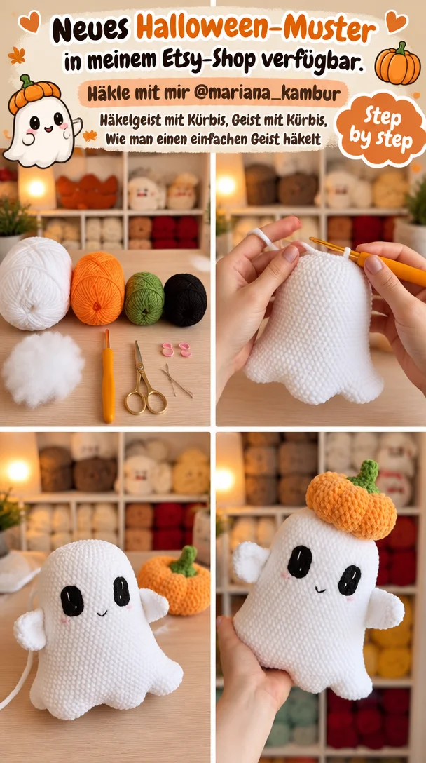 Neues Halloween-Muster in meinem Etsy-Shop verfügbar. Häkle mit mir @mariana_kambur | Häkelgeist mit Kürbis, Geist mit Kürbis, Wie man einen einfachen Geist häkelt