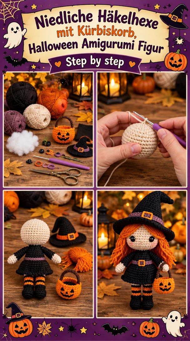 Niedliche Häkelhexe mit Kürbiskorb, Halloween Amigurumi Figur