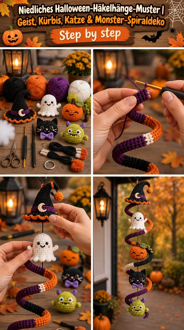 Niedliches Halloween-Häkelhänge-Muster | Geist, Kürbis, Katze & Monster-Spiraldeko