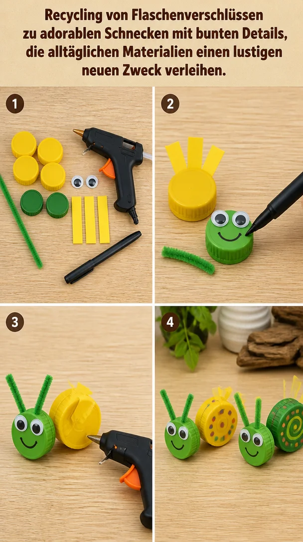 Recycling von Flaschenverschlüssen zu adorablen Schnecken mit bunten Details, die alltäglichen Materialien einen lustigen neuen Zweck verleihen.