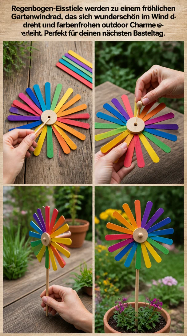 Regenbogen-Eisstiele werden zu einem fröhlichen Gartenwindrad, das sich wunderschön im Wind dreht und farbenfrohen outdoor Charme verleiht. Perfekt für deinen nächsten Basteltag.