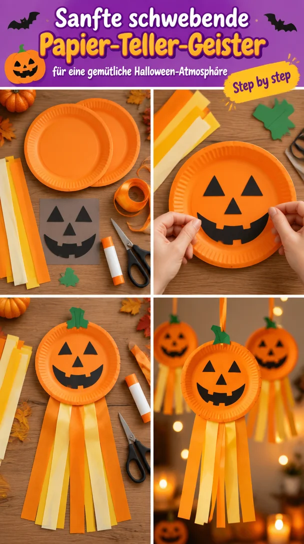Sanfte schwebende Papier-Teller-Geister für eine gemütliche Halloween-Atmosphäre