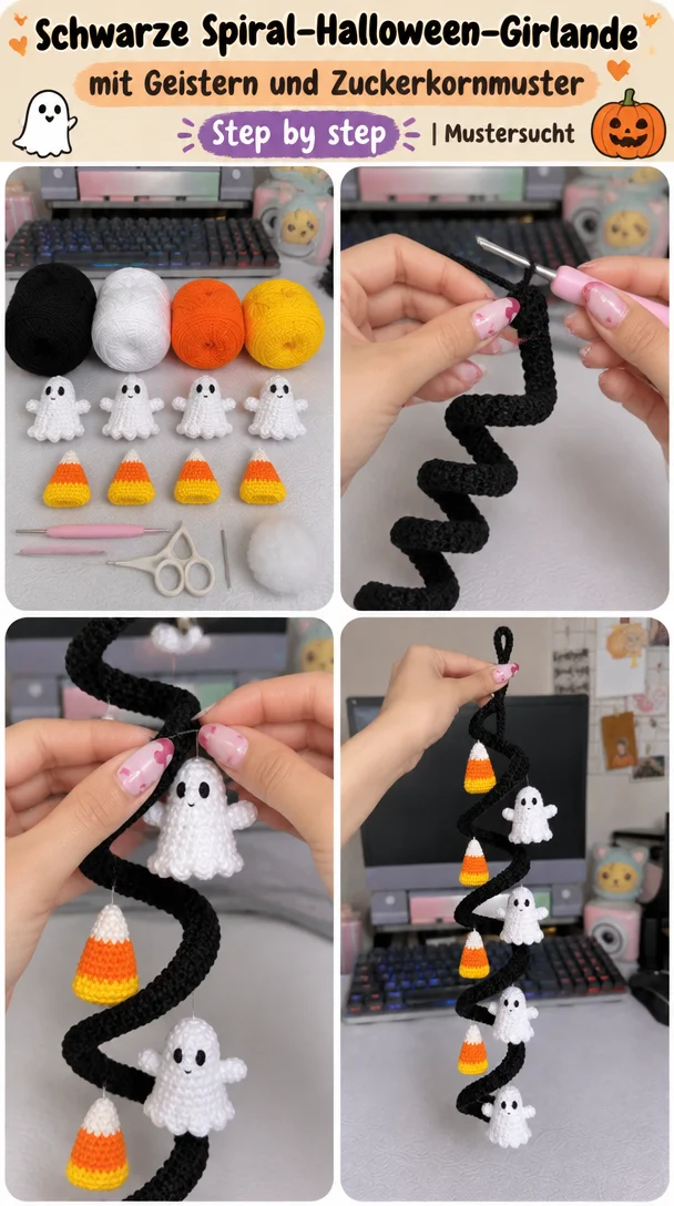 Schwarze Spiral-Halloween-Girlande mit Geistern und Zuckerkornmuster | Mustersucht