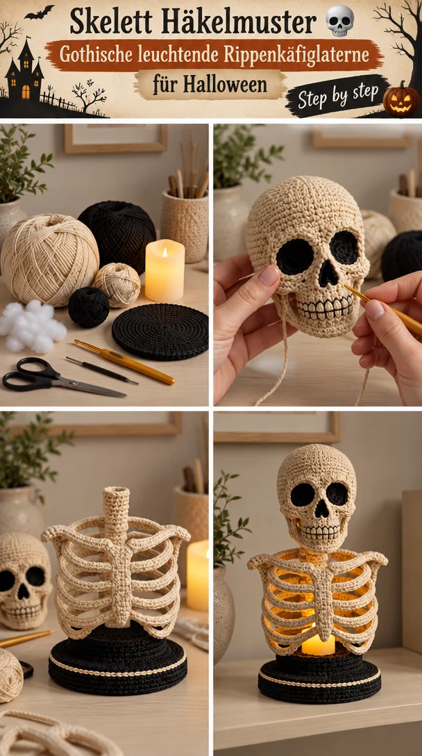 Skelett Häkelmuster 💀 Gothische leuchtende Rippenkäfiglaterne für Halloween
