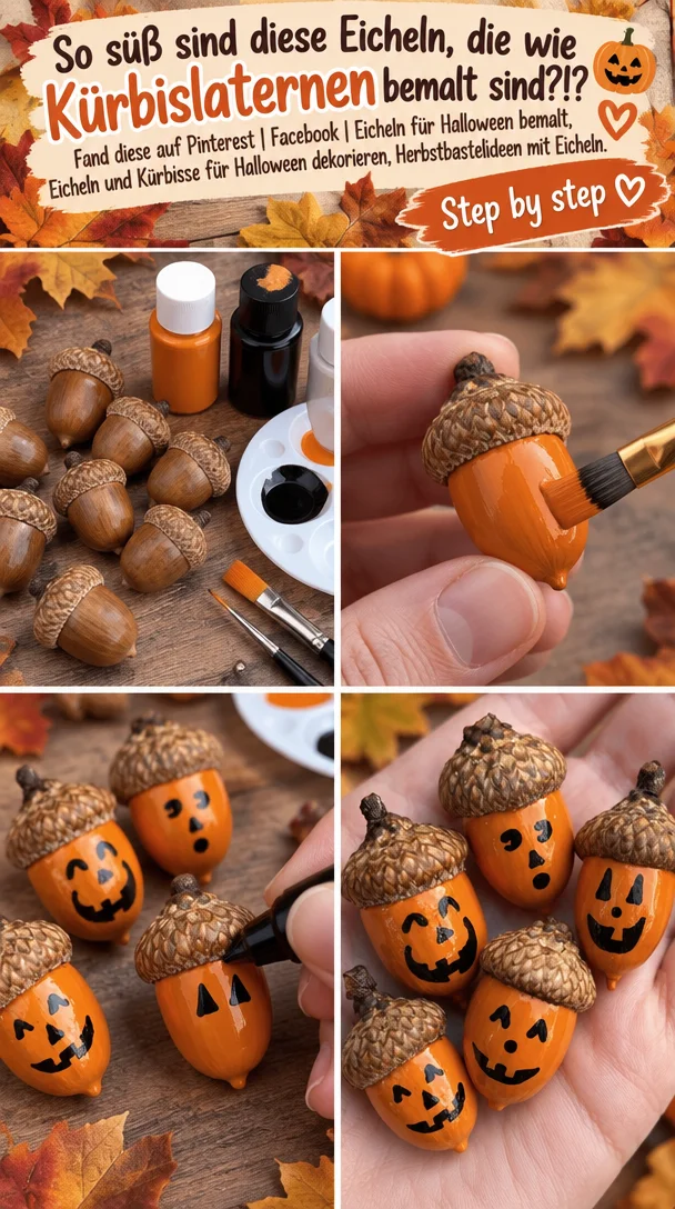 So süß sind diese Eicheln, die wie Kürbislaternen bemalt sind?!? Fand diese auf Pinterest | Facebook | Eicheln für Halloween bemalt, Eicheln und Kürbisse für Halloween dekorieren, Herbstbastelideen mit Eicheln.