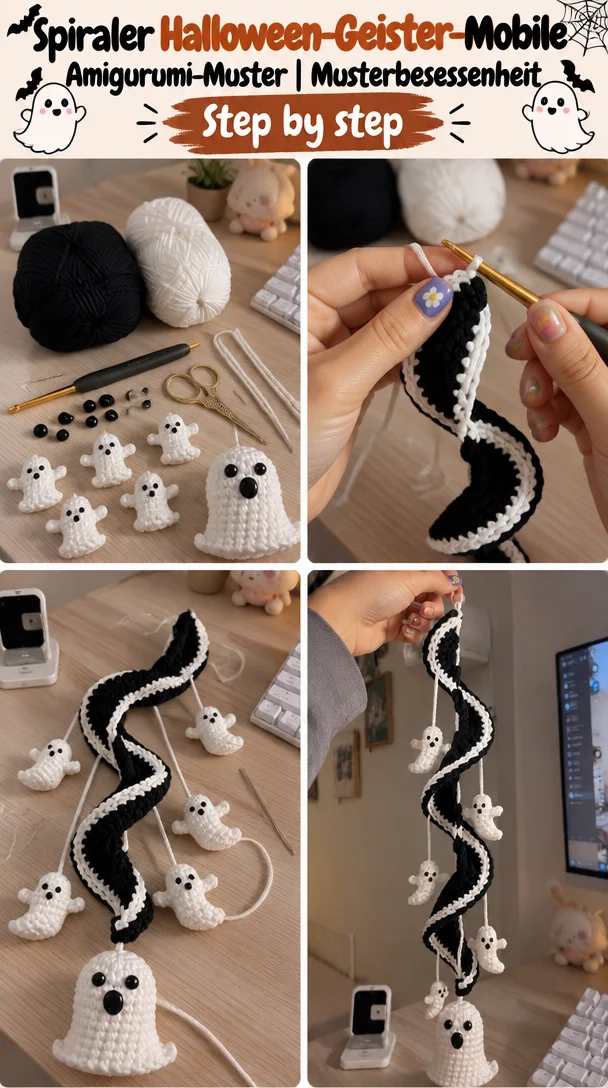 Spiraler Halloween-Geister-Mobile Amigurumi-Muster | Musterbesessenheit