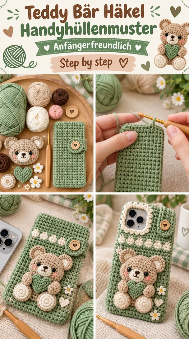 Anfängerfreundliches Teddy Bär Häkelmuster für Handyhüllen