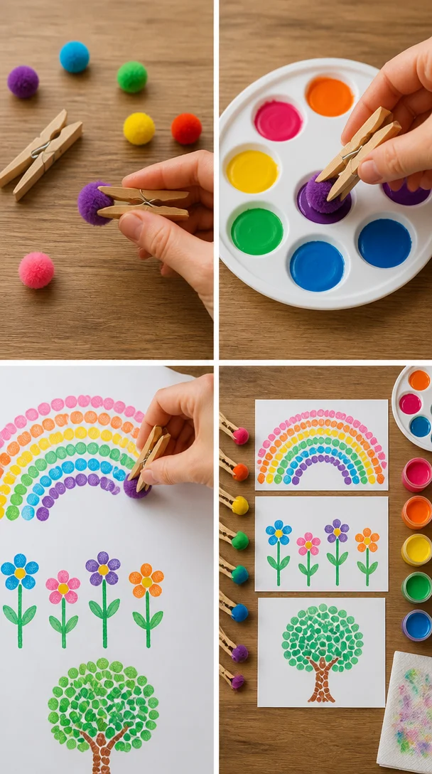 Verwandle gewöhnliche Wäscheklammern in lustige Malstempel, die bunte Muster und verspielte Kunstwerke für Kinder und Familien kreieren.