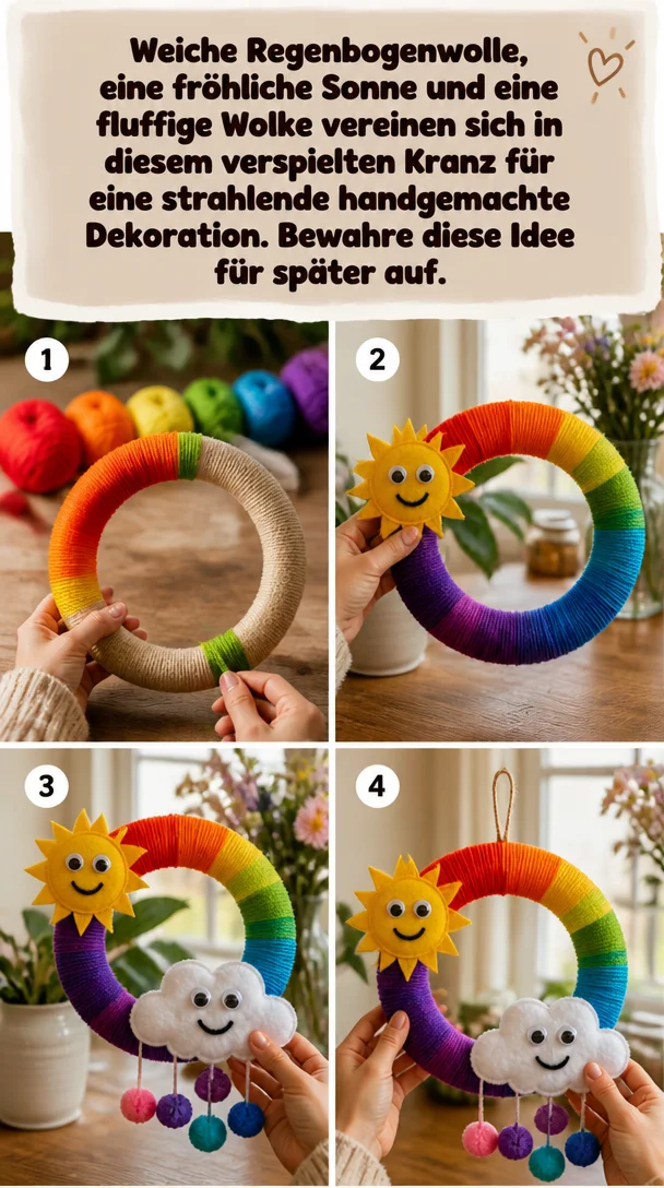 Weiche Regenbogenwolle, eine fröhliche Sonne und eine fluffige Wolke vereinen sich in diesem verspielten Kranz für eine strahlende handgemachte Dekoration. Bewahre diese Idee für später auf.